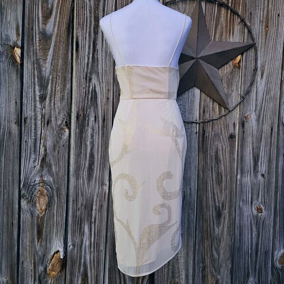 Draped Wrap Dress Free People Size 4 Cream Mesh Gold Foil Sweetheart Sleeveless - Picture 5 of 9